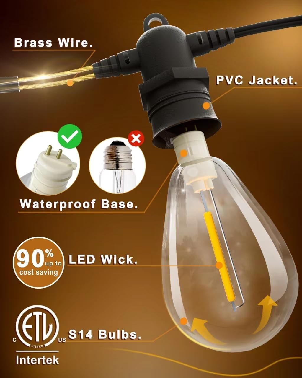 60FT LED Outdoor String Lights with 16+1 Edison Shatterproof IP65 Waterproof Bulbs, 2700K Dimmable Commercial Grade Patio Lights, Heavy Duty Outside Hanging Lights for Garden Porch Deck Decor - Image 3