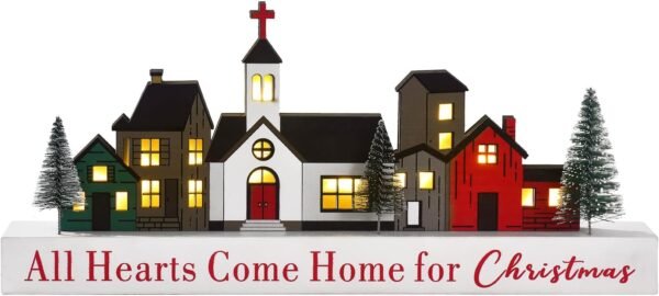 Christmas Decorations Sign, LED Lighted Christmas Village Decor, Rustic Wooden Merry Christmas Sign, Farmhouse Xmas Party Holiday Décor Centerpiece for Tiered Tray Mantel Home (6 buildings) - Image 2