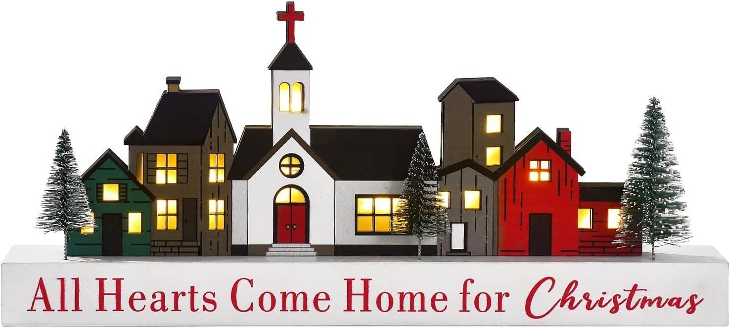 Christmas Decorations Sign, LED Lighted Christmas Village Decor, Rustic Wooden Merry Christmas Sign, Farmhouse Xmas Party Holiday Décor Centerpiece for Tiered Tray Mantel Home (6 buildings) - Image 2
