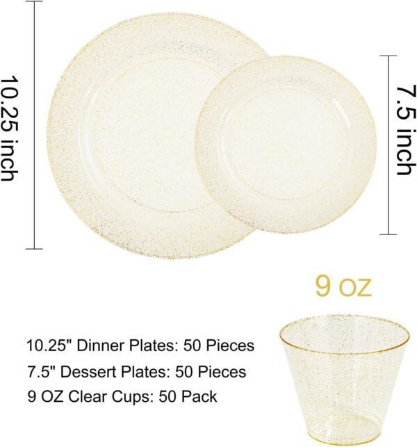 DaYammi 350 Pieces Gold Glitter Dinnerware Set 50 Guest for party- 50 Dinner Plates, 50 Dessert Plates -50 Per Rolled Napkins with Gold Cutlery - 50 Disposable Cups 9 OZ - Image 7