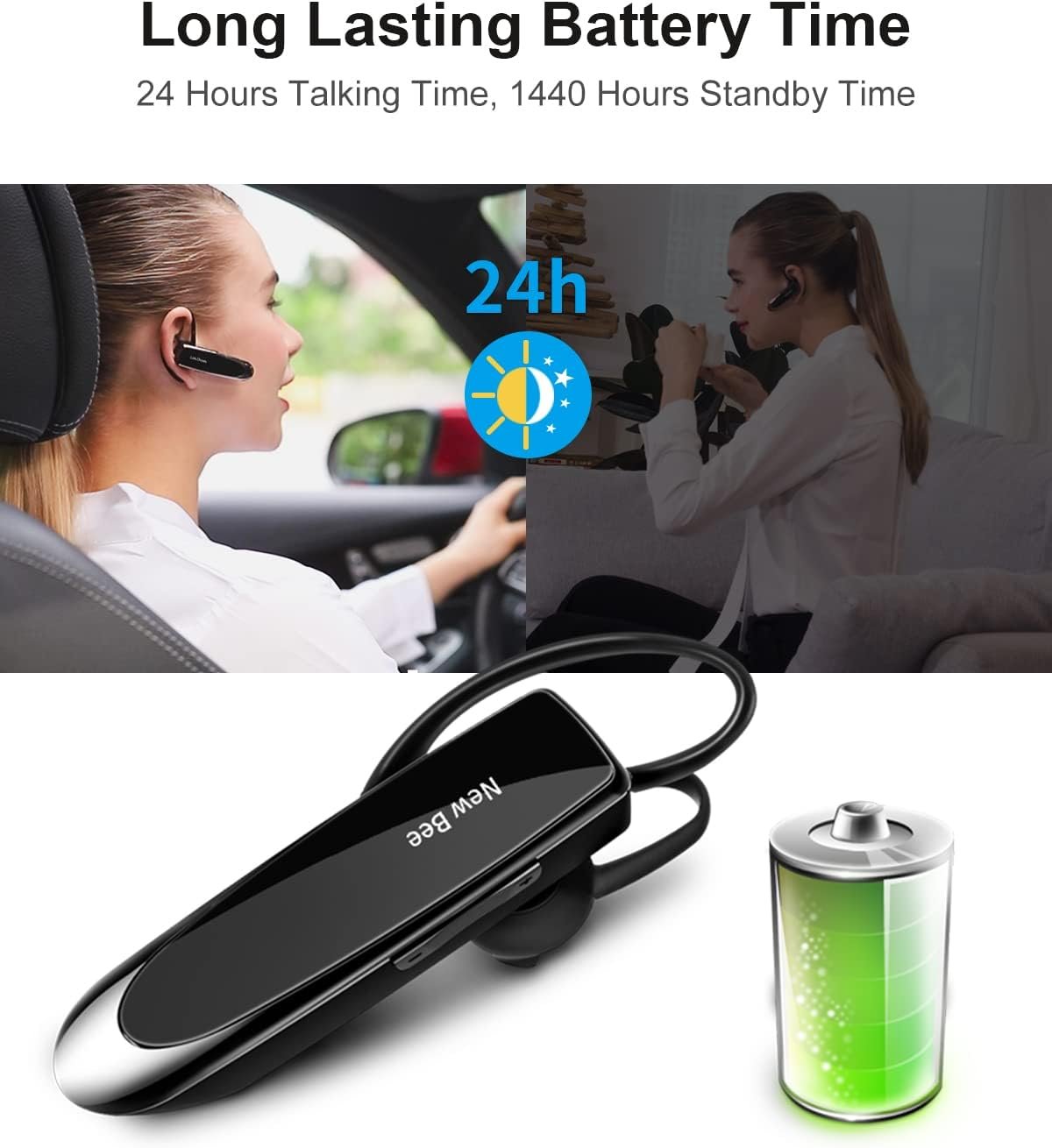 New bee Bluetooth Earpiece V5.0 Wireless Handsfree Headset with Microphone 24 Hrs Driving Headset 60 Days Standby Time for iPhone Android Samsung Laptop Trucker Driver (Black) - Image 4