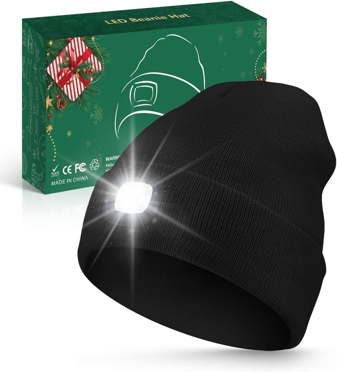 Unisex Beanie with Light, USB Rechargeable LED Headlamp Hat, Christmas Stocking Stuffers Gifts Warm Knitted Cap for Men Women Dad Mom Black - Image 2