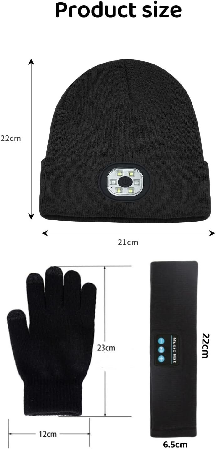 Unisex Beanie with Rechargeable LED Light, Gloves, Bluetooth Headband Black - Image 4