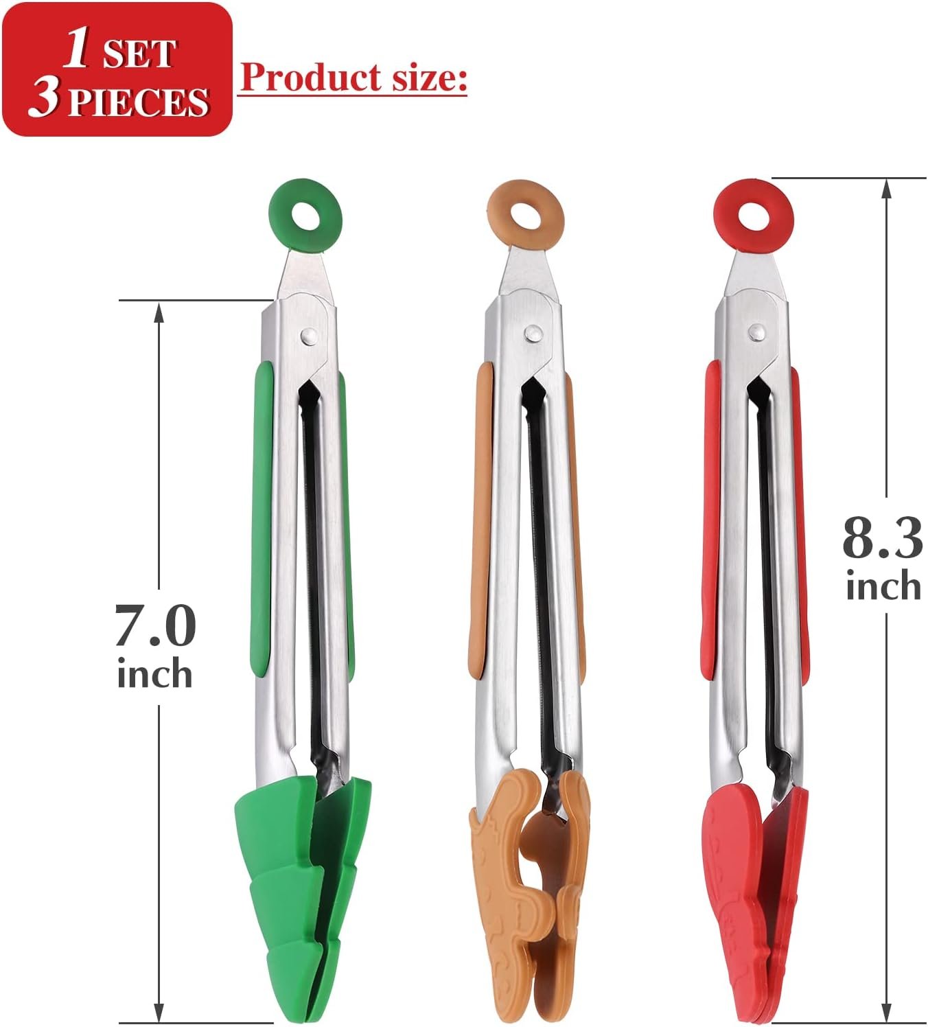 3PCS Christmas Silicone Mini Tongs,7 Inch Small Style Tongs For Cooking,Small Kids Colourful Tongs Serving Food,Ice Cube,fruits,Sugar,Festival Set of 3(Christmas Tree Snowman Gingerbread Man) - Image 3