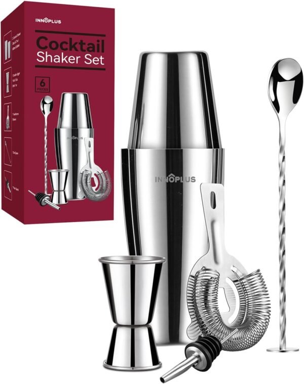 Cocktail Shaker, Martini Shaker, Drink Shaker, Cocktail Shaker Set 6 Piece, Boston Shaker, Bar Set, Cocktail Strainer, Bar Tools, Bartender Kit, Stainless Steel Double Measuring Jigger, Mixing Spoon - Image 2