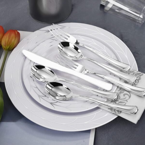 COLOSUS 175pcs Christmas Disposable White silver Plastic Party Plates and Silverware set, Include Dinner Plastes, Dessert Plates, Silverware, Cups, Napkins, Christmas Party plastic plates - Image 4