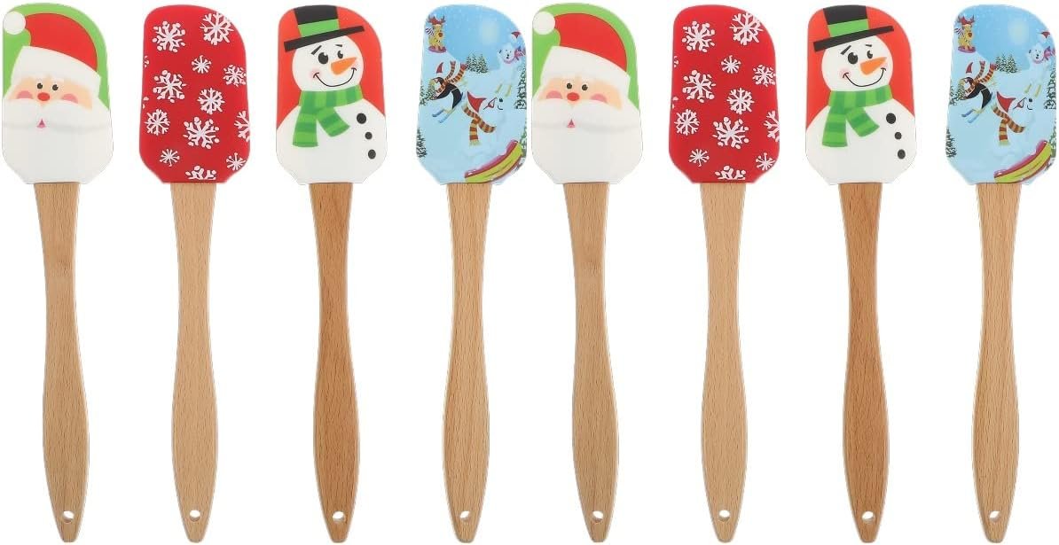 Tofficu 8pcs Christmas Silicone Spatula with Wooden Handle, Christmas Baking Supplies for Kitchen Mixing Baking Cooking (assorted Color) - Image 2