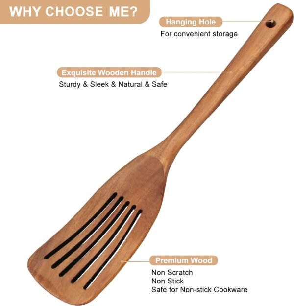 2 Pcs Acacia Wood Spatula Set Non Stick Cooking Utensils Slotted Turner Flat Wooden Kitchen Wok Spatula for Mixing Frying Fish Spatula Egg Flipper Turner Kitchen Utensil Pancake Spatula for Cooking - Image 7