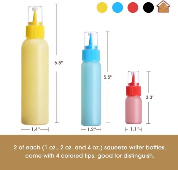 GOLOHO Cookie Icing Bottles, 6 Squeeze Applicator Bottles, 2 each (1, 2 and 4 ounces), Royal Icing Tools, Cake Sugar Cookie Decorating Supplies, Food Coloring, Frosting, Pancake Arts and Crafts Kit - Image 3