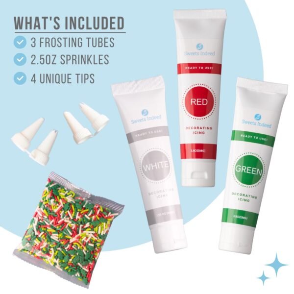 Sweets Indeed, Christmas Frosting Kit plus Sprinkles, 3 Frosting Tubes, 2.5 ounces Sprinkes, 4 nozzles, 11.31 ounces, Perfect for baking and cookie decoarting (Christmas) - Image 3
