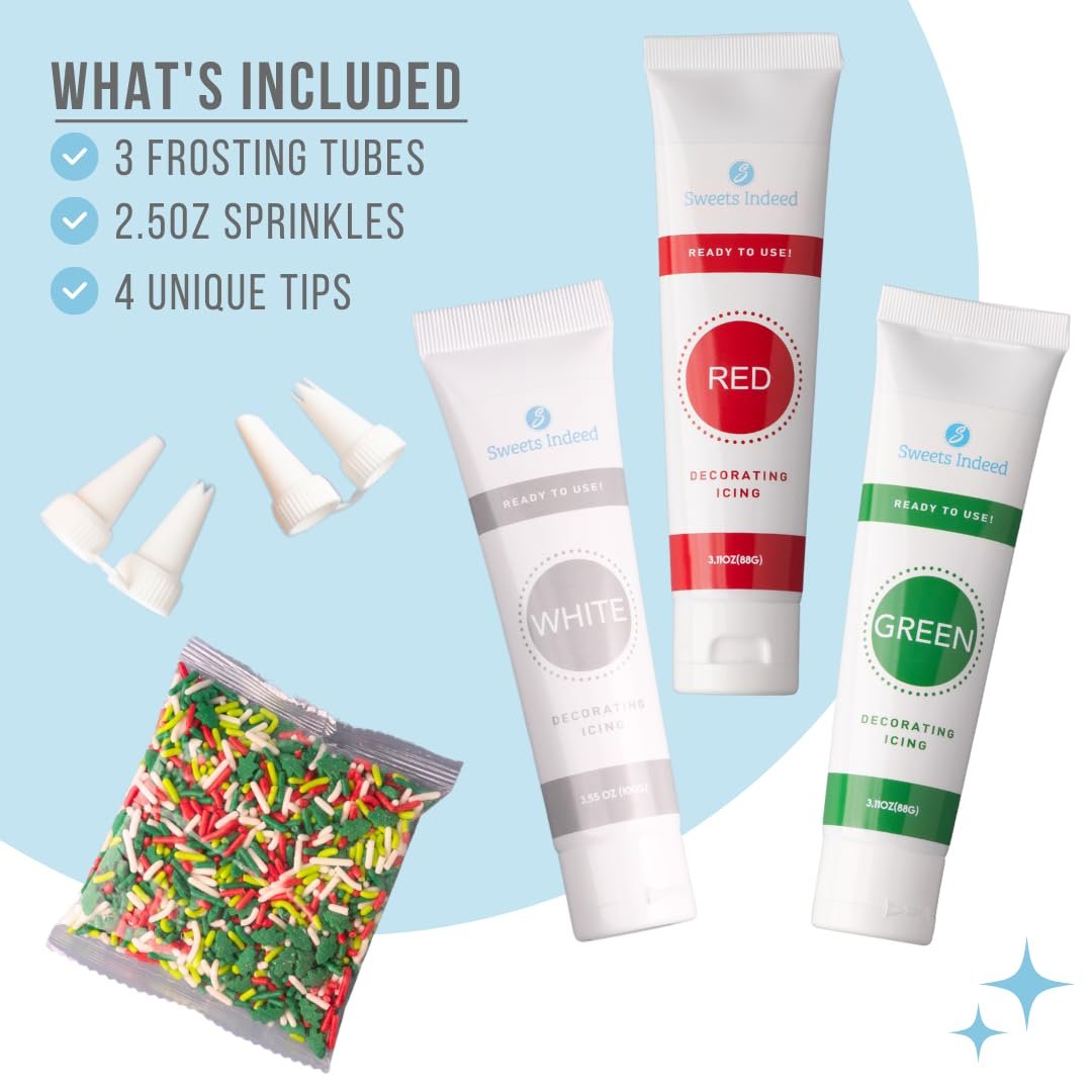 Sweets Indeed, Christmas Frosting Kit plus Sprinkles, 3 Frosting Tubes, 2.5 ounces Sprinkes, 4 nozzles, 11.31 ounces, Perfect for baking and cookie decoarting (Christmas) - Image 3