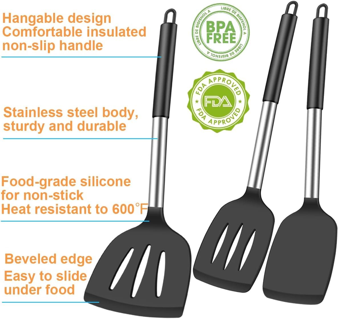 3Pcs Spatula Silicone Spatula Turner Set Fish Spatulas Silicone Heat Resistant Spatulas for Nonstick Cookware Rubber Wok Spatula, Long Large Spatula Silicone Cooking Use Kitchen Utensils Set - Image 3