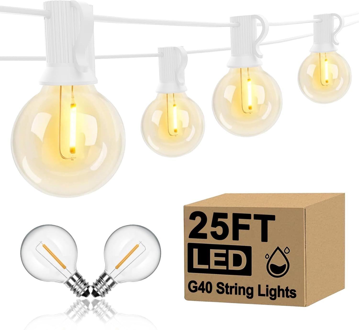 25Ft LED Outdoor String Lights Christmas, G40 Globe Patio String Lights Waterproof with 27 Shatterproof LED Bulbs, Hanging Christmas Decorations Lights for Backyard Porch Garden Bistro Party- White - Image 2