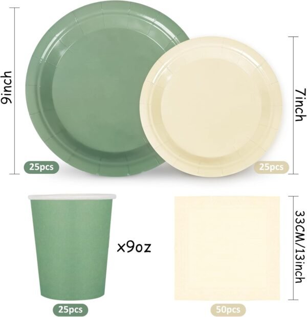 Whaline 100Pcs Ivory Sage Green Tableware Set Wedding Disposable Dinnerware 50Pcs Paper Plates 25Pcs Napkin 25Pcs Cups For Birthday Party Supplies Table Decor - Image 3