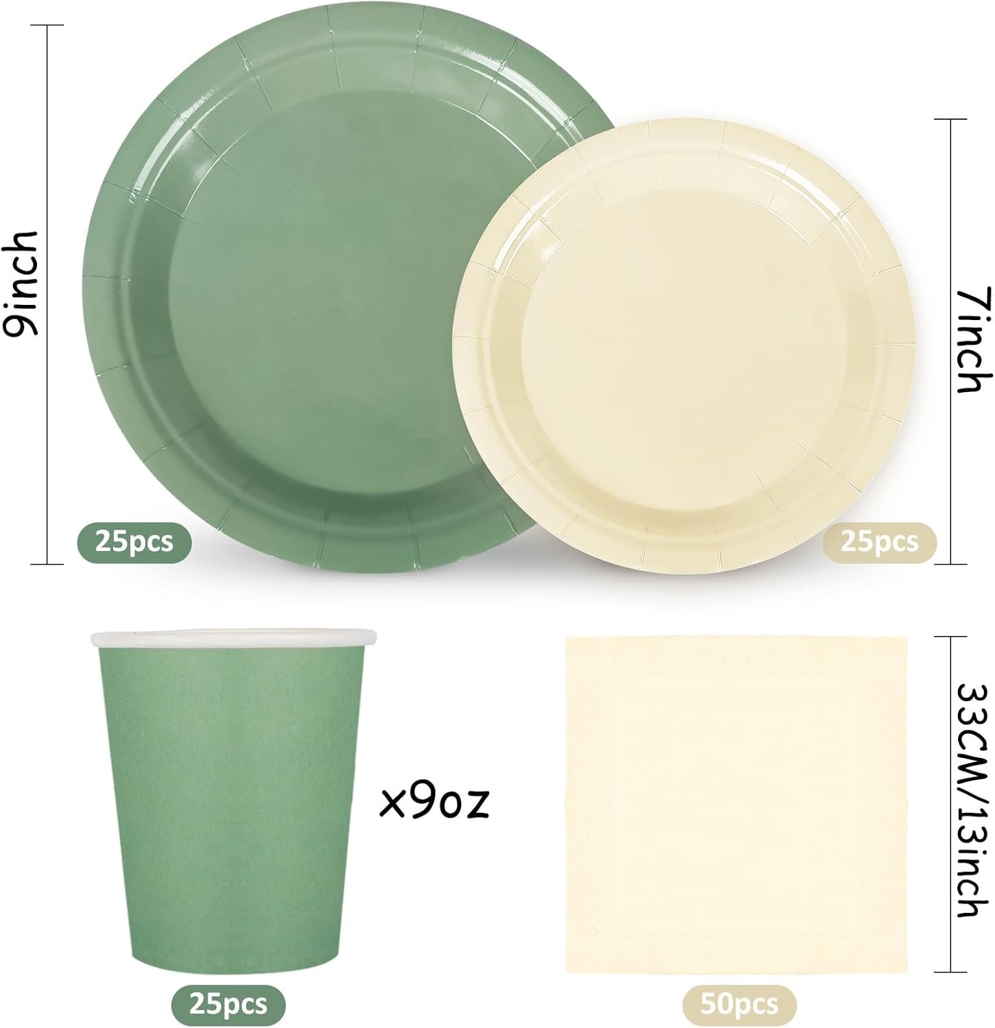 Whaline 100Pcs Ivory Sage Green Tableware Set Wedding Disposable Dinnerware 50Pcs Paper Plates 25Pcs Napkin 25Pcs Cups For Birthday Party Supplies Table Decor - Image 3
