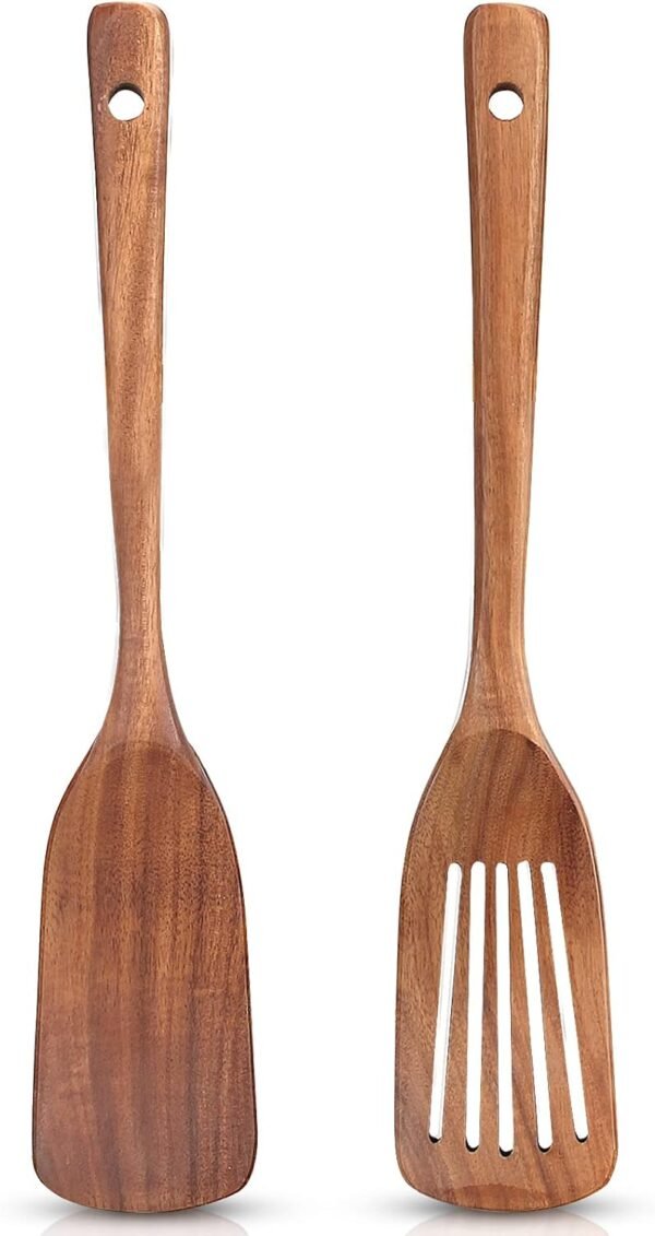 2 Pcs Acacia Wood Spatula Set Non Stick Cooking Utensils Slotted Turner Flat Wooden Kitchen Wok Spatula for Mixing Frying Fish Spatula Egg Flipper Turner Kitchen Utensil Pancake Spatula for Cooking - Image 2