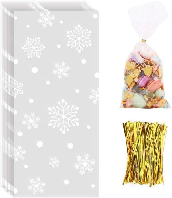 CCINEE Snowflake Treat Bag,Christmas Cellophane Bag with Twist Ties Candy Cookie Bags for Party Supplies,120PCS - Image 2
