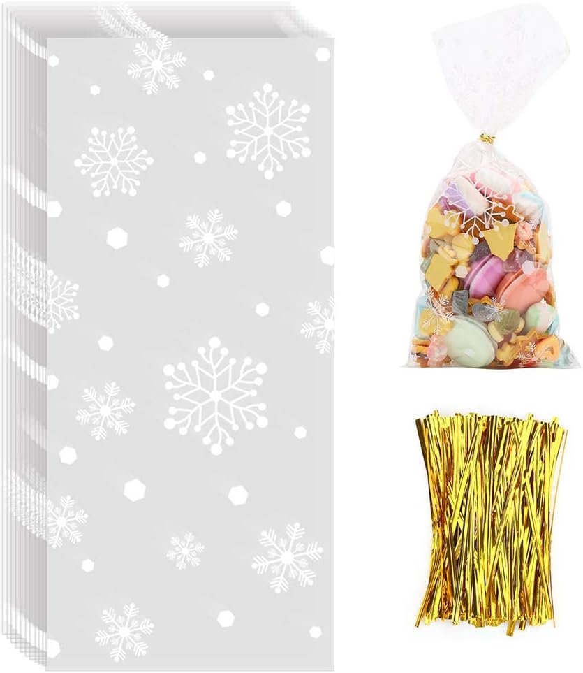 CCINEE Snowflake Treat Bag,Christmas Cellophane Bag with Twist Ties Candy Cookie Bags for Party Supplies,120PCS - Image 2