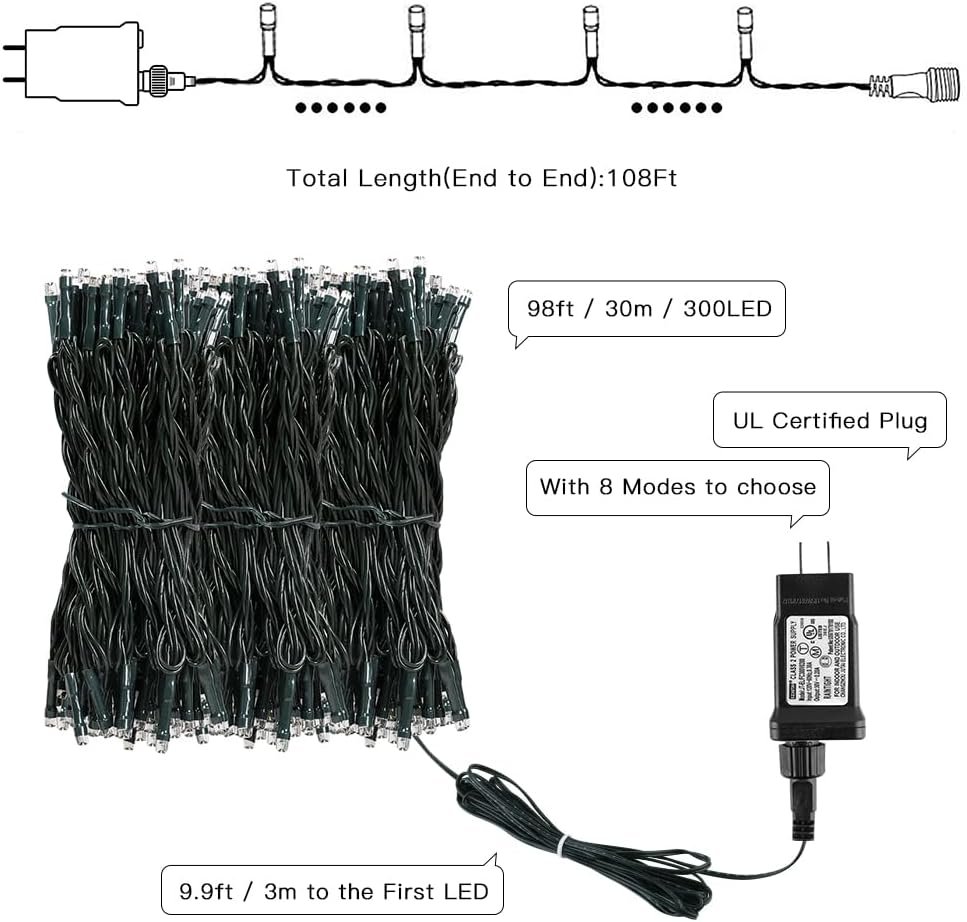 AmyHomie Warm White Christmas Lights, 108Ft 300LED Plug-in Christmas String Lights,8 Modes Waterproof Fairy String Lights for Outdoor & Indoor Christmas Tree Home Patio Garden Party Wedding Decor - Image 7