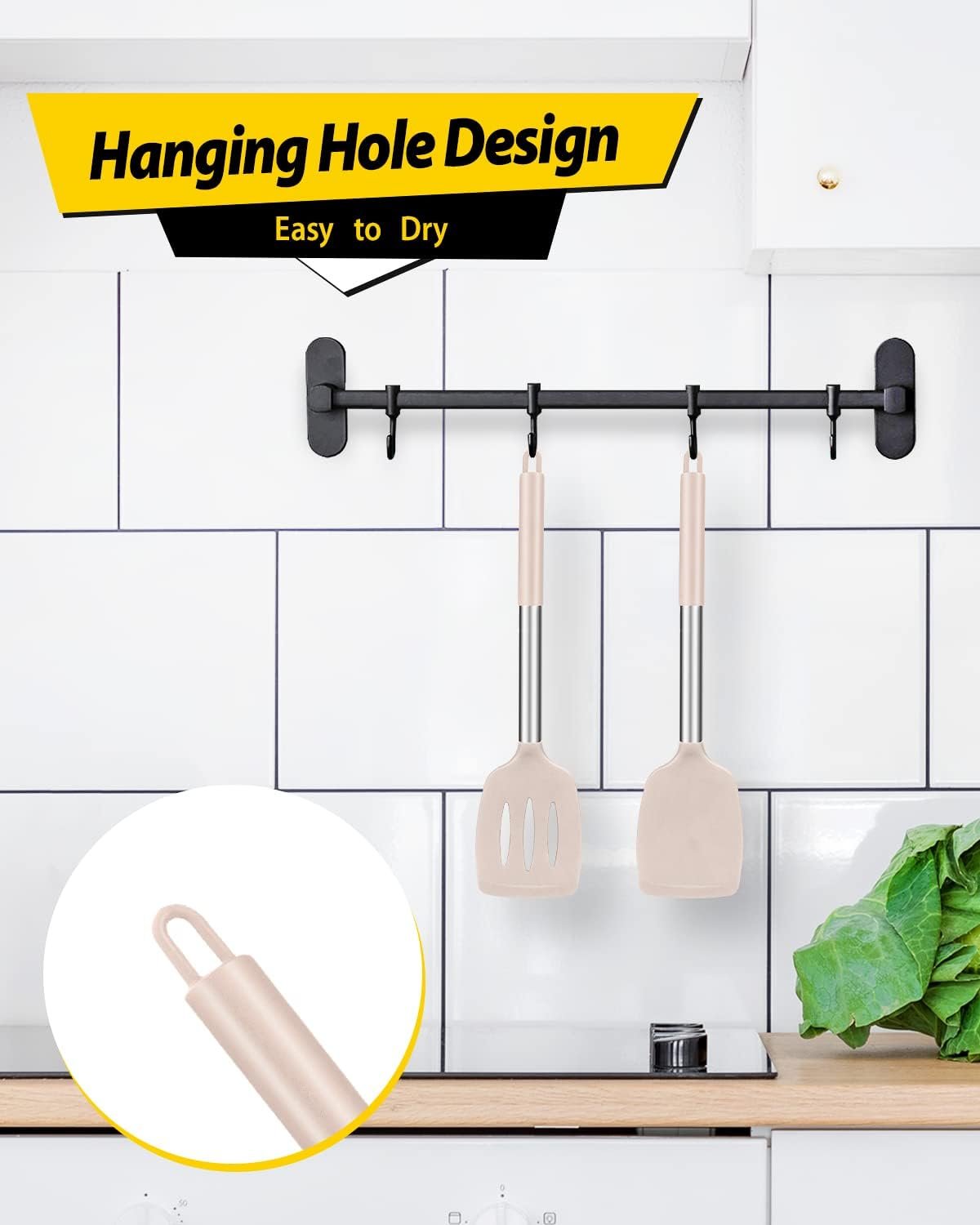 Pack of 2 Silicone Solid Turner, Non Stick Slotted Kitchen Spatulas, High Heat Resistant BPA Free Cooking Utensils, Ideal Cookware for Fish, Eggs, Pancakes(Stainless Steel Khaki) - Image 7