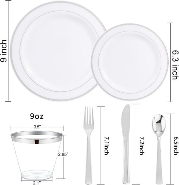 WELLIFE 600 Pcs Sliver Disposable Plates for 100 Guests, Plastic Plates for Party, Dinnerware Set of 100 Dinner Plates, 100 Salad Plates, 100 Spoons, 100 Forks, 100 Knives, 100 Cups - Image 3