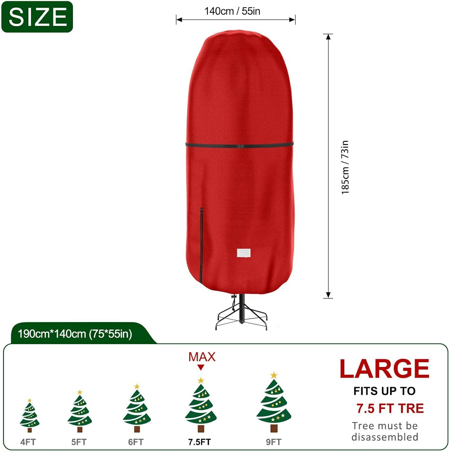 Upright Christmas Tree Storage Cover,Tear Resistant Adjustable 7.5 FT Xmas Tree Storage Bag for Artificial Tree Standing with Ornaments,Fabrics Christmas Tree Cover, Dustproof (Red) - Image 3