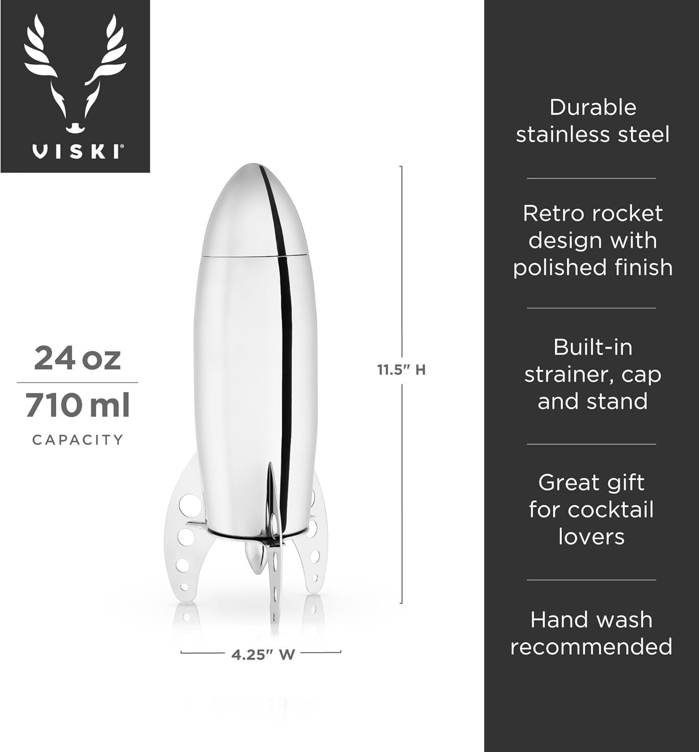 Viski Rocket Cocktail Shaker with Strainer Bar Set, Martini Shaker, Mixed Drink Shaker, Stainless Steel Cocktail Shaker, Bartending Tools, 24oz - Image 4
