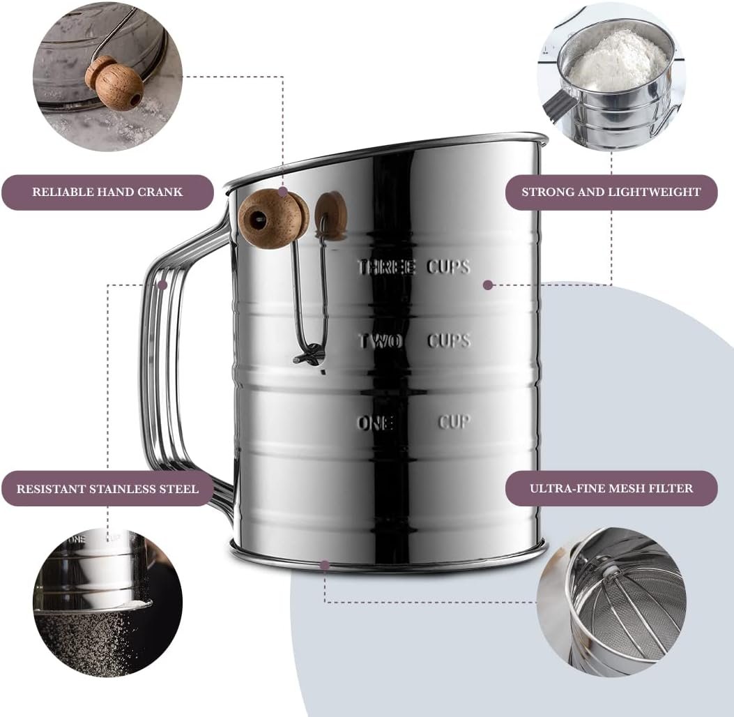 Bellemain 3 Cup Flour Sifter for Baking Fine Mesh Rotary Hand Crank with Loop Agitator for Quick Sifting, Flour Sifter Stainlees Steel - Image 2