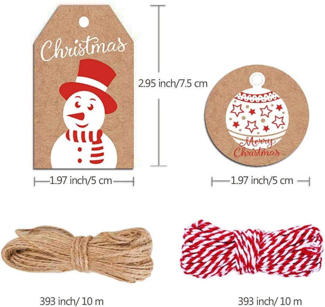 100 Pack Brown Kraft Paper Christmas Gift Tags, Xmas Brown Kraft Gift Tags with Jute Twine Baker Twine for DIY Xmas Holiday Present Wrap Stamp and Label Package Name Card - Image 3