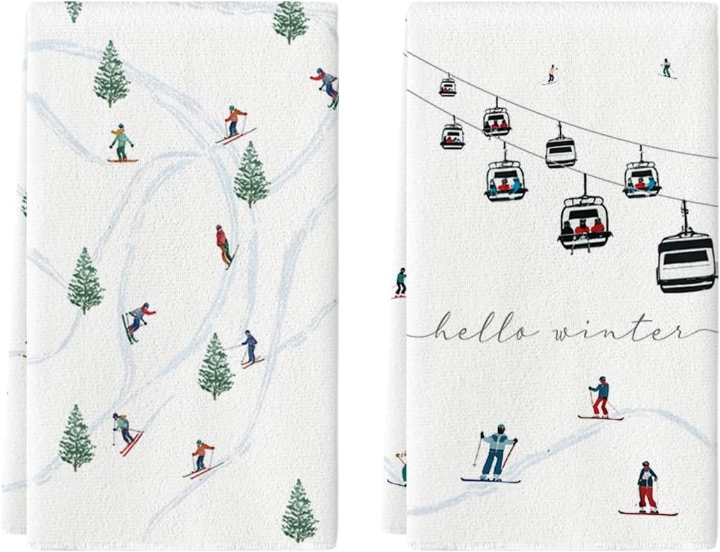 Artoid Mode Xmas Trees Ski Winter Kitchen Towels Dish Towels, 18x26 Inch Farmhouse Christmas Snow Decoration Hand Towels Set of 2 - Image 2