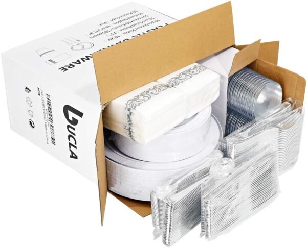 bUCLA 350PCS Silver Plastic Dinnerware Set for 50 Guests - Silver Plastic Plates Disposable for Party Include 50 Dinner Plates,50 Dessert Plates,50 Forks,50 Knives,50 Spoons,50Cups,50 Napkins - Image 8