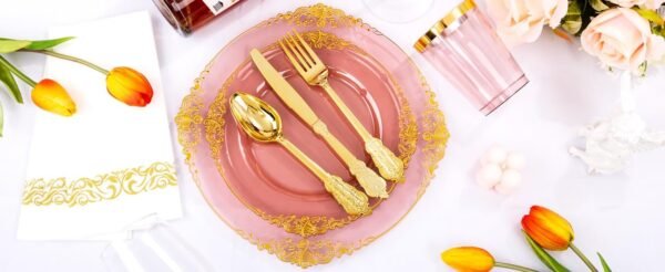 Hioasis 175pcs Clear Burgundy Plastic Plates,Burgundy Red Disposable Plates include 25 Dinner Plates 25 Dessert Plates 25Knives 25Forks 25Spoons 25Cups 25Napkins Perfect for Wedding&Parties - Image 10