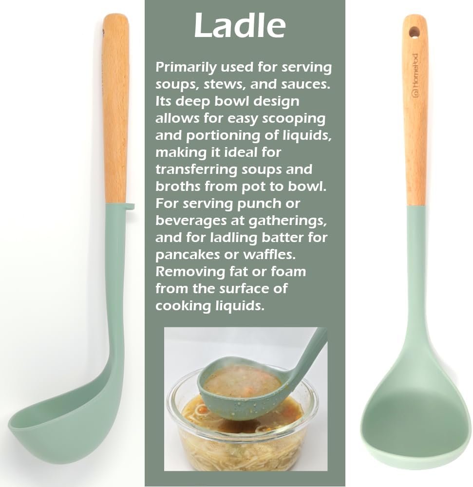 Set of 3 Kitchen Essentials Utensils Set of Silicone Spatulas 15 inches Large Heat Resistant 600F Cooking Baking Non Slip Handles Won't scratch Cookware, Turner Rubber Spatula Ladle Espatula (Green) - Image 6