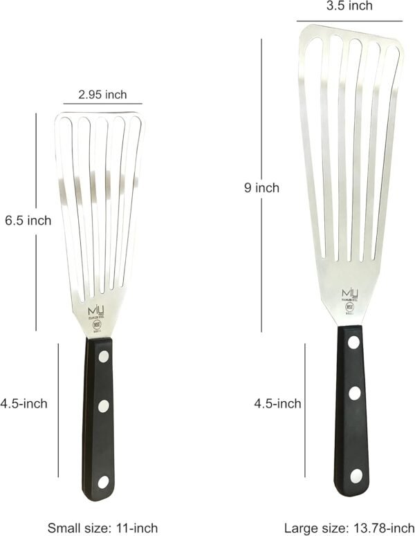 Fish Spatula 2-Piece Set - Slotted Stainless Steel Spatula Turner with Sloped Head - Long Thin Metal Spatula with Sturdy Plastic Handle for Flipping Delicate Foods, Fish, Eggs - 11" & 13.78" - Image 4