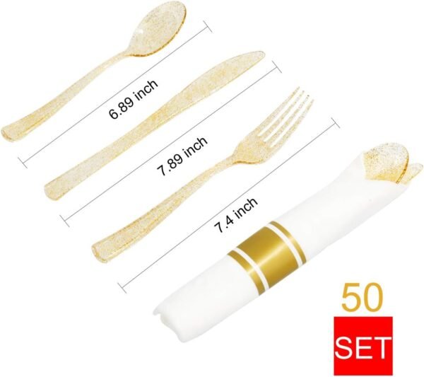 DaYammi 350 Pieces Gold Glitter Dinnerware Set 50 Guest for party- 50 Dinner Plates, 50 Dessert Plates -50 Per Rolled Napkins with Gold Cutlery - 50 Disposable Cups 9 OZ - Image 6