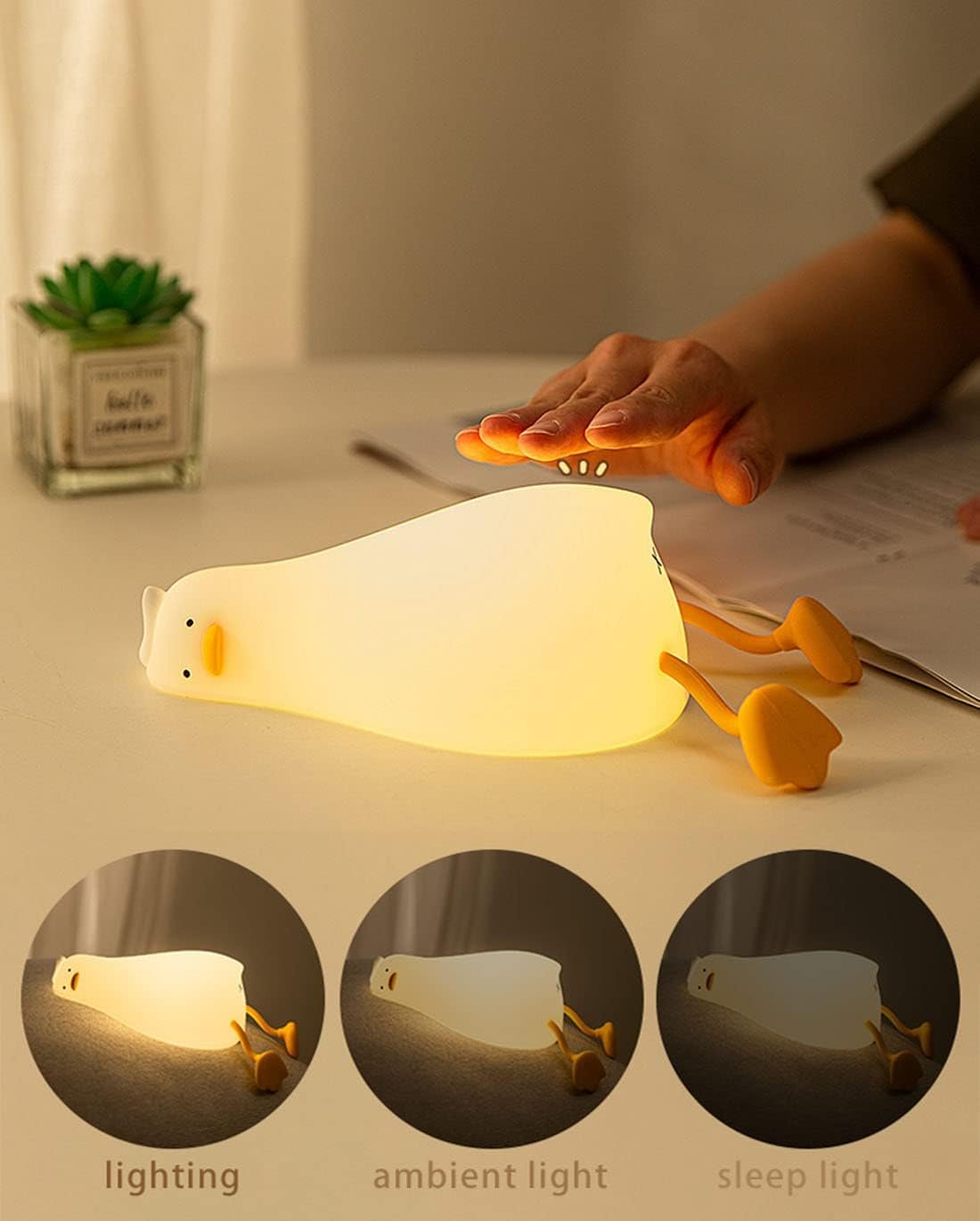 HAPPYBAG LED Lying Flat Duck Night Light, 3 Level Dimmable Nursery Nightlight,Cute Lamps Silicone Squishy Light Up Duck,Rechargeable Bedside Touch Lamp for Breastfeeding Toddler Baby Kids Decor - Image 3