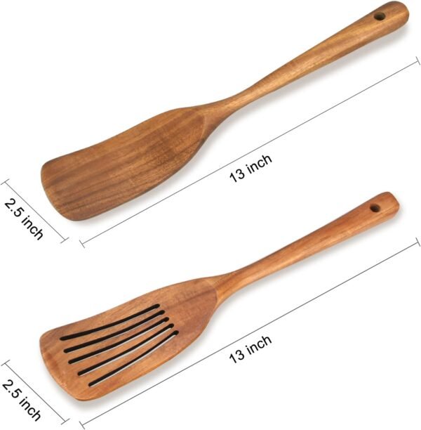 2 Pcs Acacia Wood Spatula Set Non Stick Cooking Utensils Slotted Turner Flat Wooden Kitchen Wok Spatula for Mixing Frying Fish Spatula Egg Flipper Turner Kitchen Utensil Pancake Spatula for Cooking - Image 8