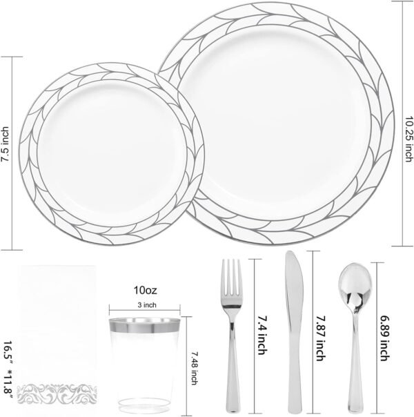 COLOSUS 175pcs Christmas Disposable White silver Plastic Party Plates and Silverware set, Include Dinner Plastes, Dessert Plates, Silverware, Cups, Napkins, Christmas Party plastic plates - Image 3