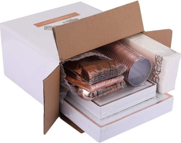FOCUSLINE 175 Piece Rose Gold Dinnerware Set for 25 Guests- Square Plastic Plates with Rose Gold Rim- Including Disposable 25 Dinner Plates, 25 Dessert Plates, 25 Napkins, 25 Cups, 25 Silverware Set - Image 8