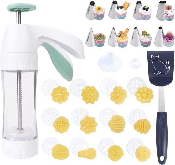 Cookie Spatula and Christmas Cookie Cutters-spritz cookie press gun kit +12 Cookie Discs+8 Icing Nozzles Perfect for DIY Cookie Maker and Cake Icing, for Home DIY, Biscuit Maker and Decoration - Image 2