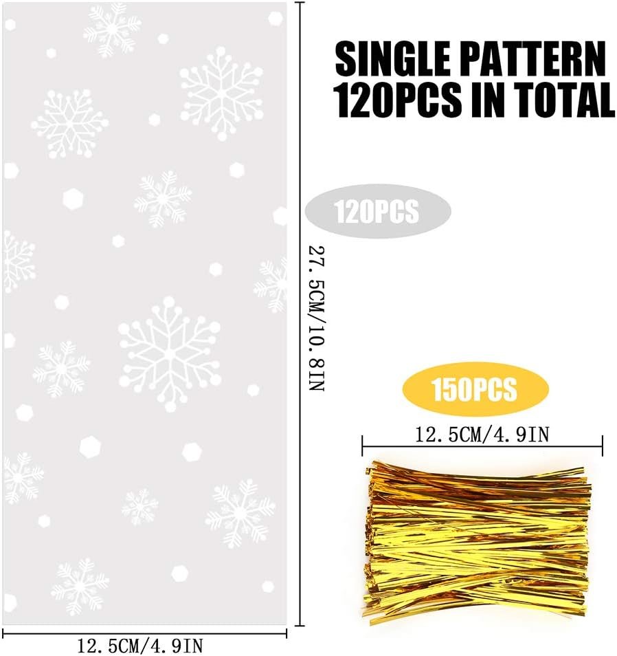 CCINEE Snowflake Treat Bag,Christmas Cellophane Bag with Twist Ties Candy Cookie Bags for Party Supplies,120PCS - Image 3