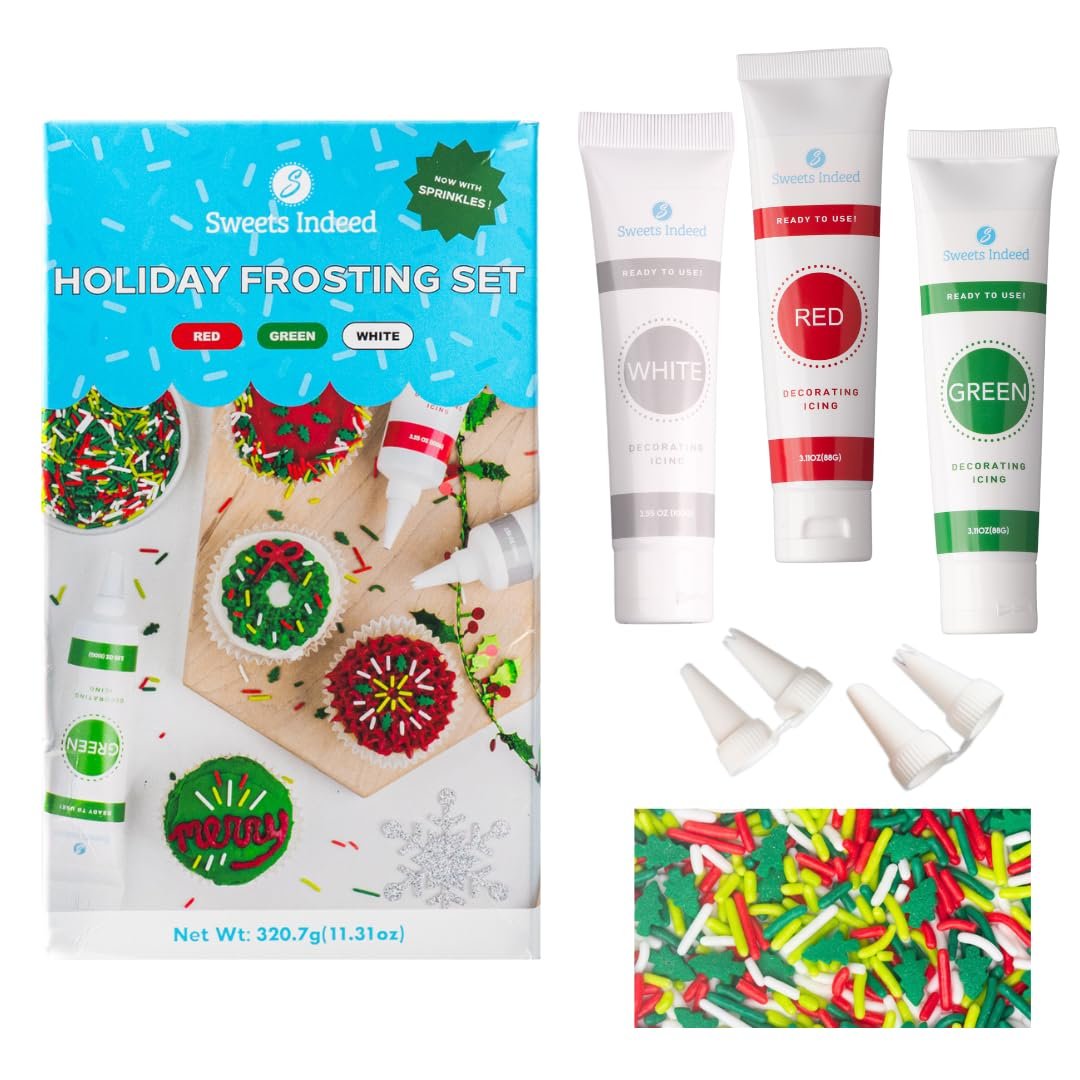 Sweets Indeed, Christmas Frosting Kit plus Sprinkles, 3 Frosting Tubes, 2.5 ounces Sprinkes, 4 nozzles, 11.31 ounces, Perfect for baking and cookie decoarting (Christmas) - Image 2