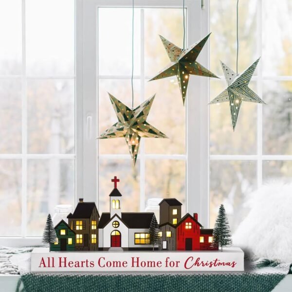 Christmas Decorations Sign, LED Lighted Christmas Village Decor, Rustic Wooden Merry Christmas Sign, Farmhouse Xmas Party Holiday Décor Centerpiece for Tiered Tray Mantel Home (6 buildings) - Image 4