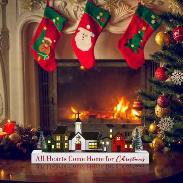 Christmas Decorations Sign, LED Lighted Christmas Village Decor, Rustic Wooden Merry Christmas Sign, Farmhouse Xmas Party Holiday Décor Centerpiece for Tiered Tray Mantel Home (6 buildings) - Image 3