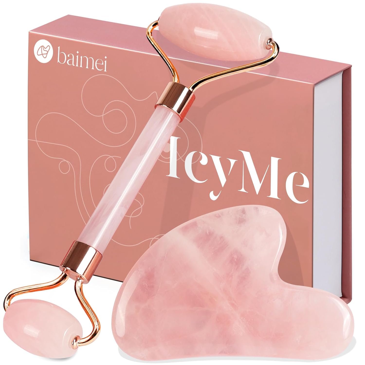 BAIMEI IcyMe Jade Roller & Gua Sha, Face Roller Redness Reducing Skin Care Tools, Self Care Pink Gift for Men Women, Massager for Face, Eyes, Neck, Relieve Fine Lines and Wrinkles - Rose Quartz - Image 2