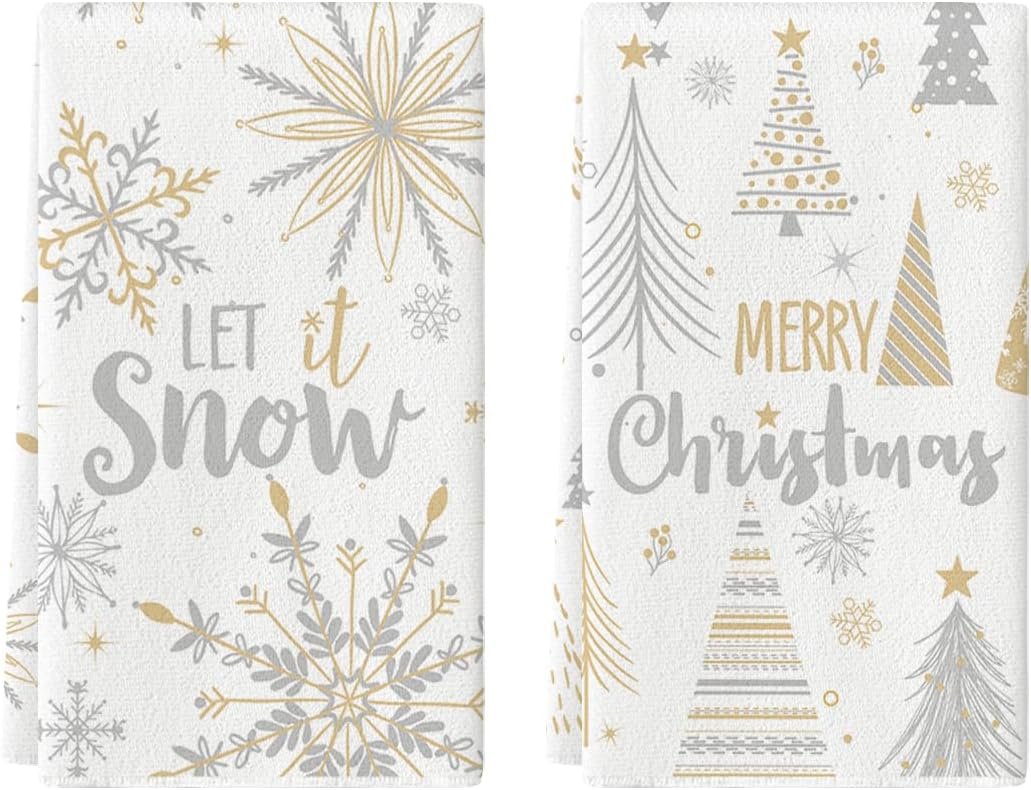 Artoid Mode Snowflake Let It Snow Xmas Trees Merry Christmas Kitchen Towels Dish Towels, 18x26 Inch Daily Seasonal Winter Decoration Hand Towels Set of 2 - Image 2