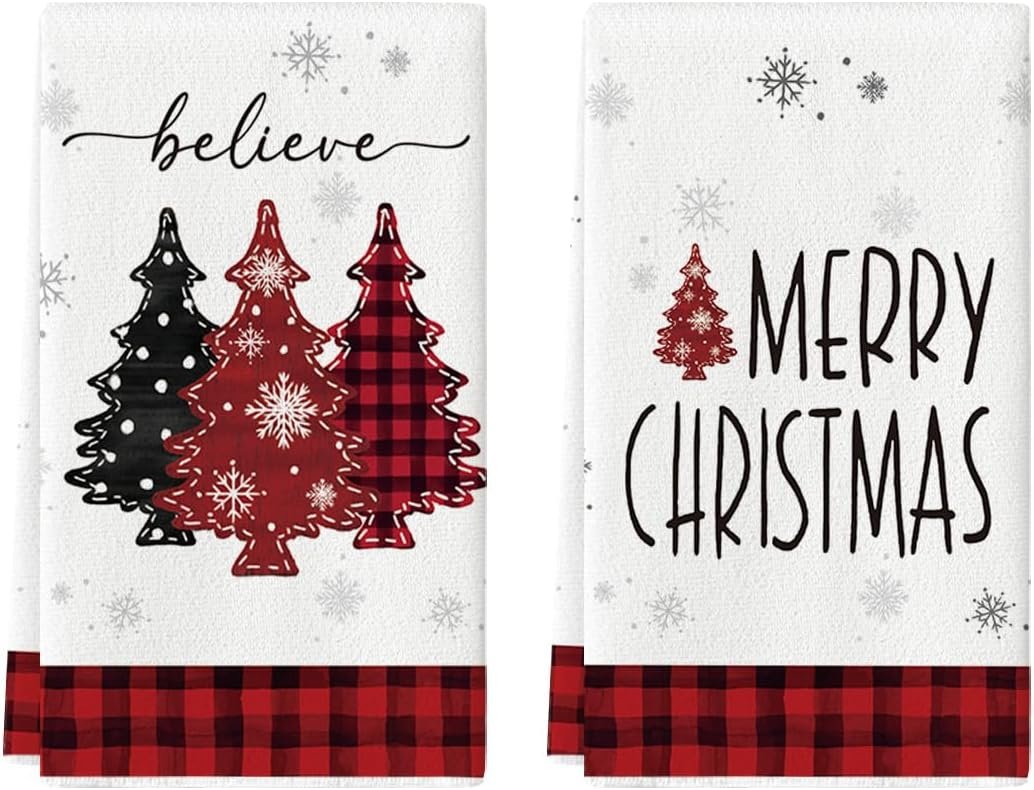 Artoid Mode Red Pine Trees Merry Christmas Kitchen Towels Dish Towels, 18x26 Inch Believe Winter Xmas Holiday Decoration Hand Towels Set of 2 - Image 2