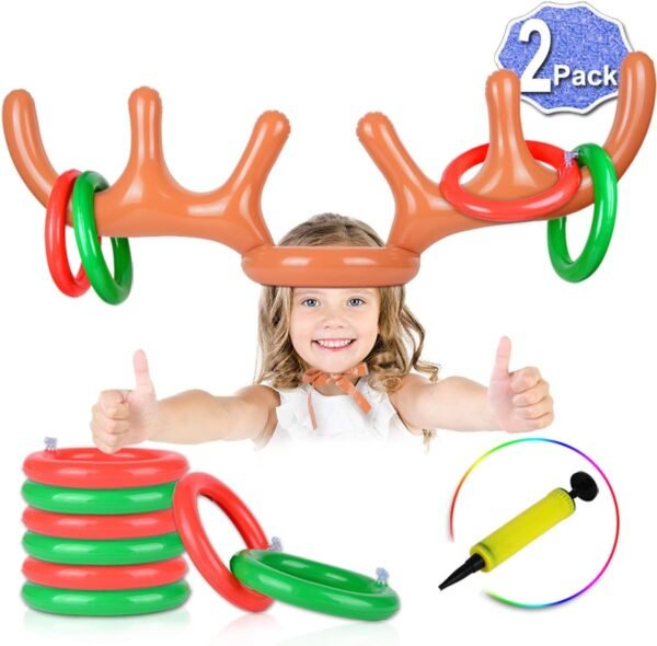 2 Set Inflatable Reindeer Ring Toss Game With Antlers and 12 Rings, Family Christmas Party Games - Image 2