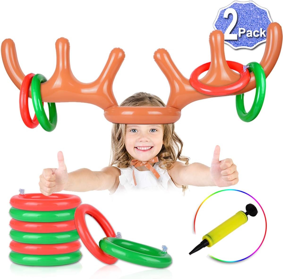 2 Set Inflatable Reindeer Ring Toss Game With Antlers and 12 Rings, Family Christmas Party Games - Image 2