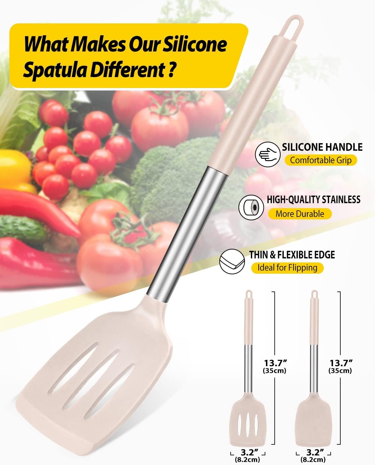 Pack of 2 Silicone Solid Turner, Non Stick Slotted Kitchen Spatulas, High Heat Resistant BPA Free Cooking Utensils, Ideal Cookware for Fish, Eggs, Pancakes(Stainless Steel Khaki) - Image 3